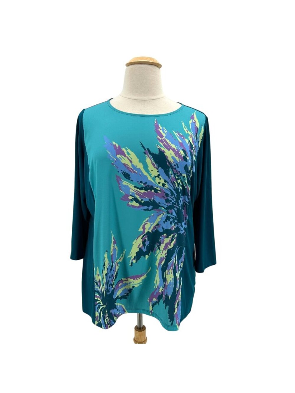 Bob Mackie Wearable Art Womens XL Top Abstract Floral Teal Green Tunic Boho